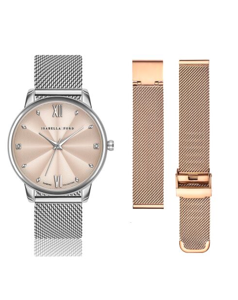 Set Montre Femme 2 Bracelets Skylar en Acier & Diamants argenté/rose doré