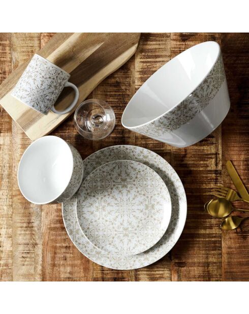 2 Bols en Porcelaine motif faïence blanc/taupe - D.14 cm