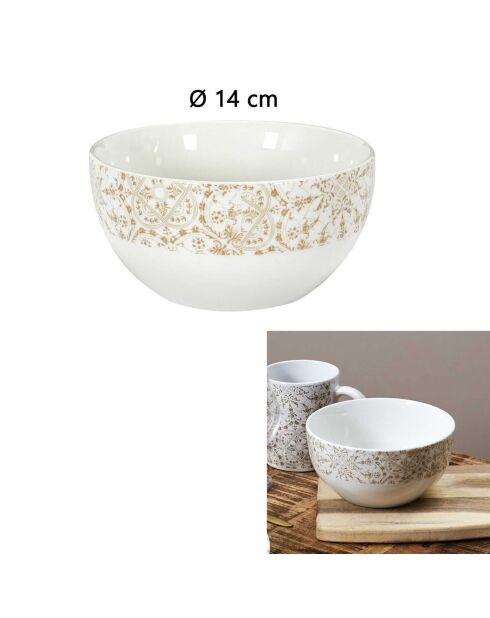 2 Bols en Porcelaine motif faïence blanc/taupe - D.14 cm