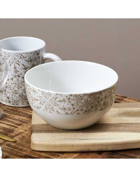 2 Bols en Porcelaine motif faïence blanc/taupe - D.14 cm