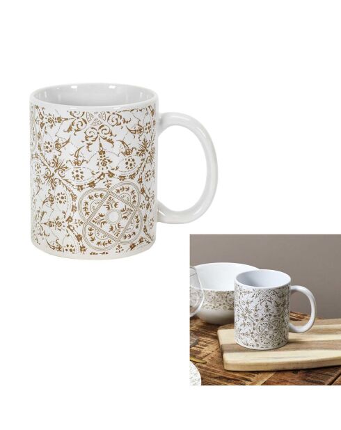 2 Mugs motif faïence blanc/taupe - 12.5x9.2x8 cm