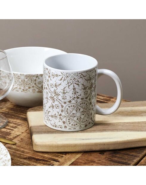 2 Mugs motif faïence blanc/taupe - 12.5x9.2x8 cm