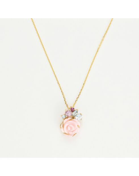 Pendentif Aksaray Améthyste rose 0.16 ct, Rhodocrosite 0.06 ct, Topazes bleues 0.335 ct & Nacre or jaune