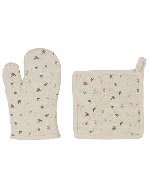 Set Gant et Manique en Coton & Lin Petite Fleur naturel