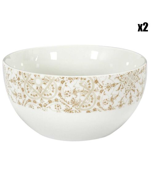 2 Bols en Porcelaine motif faïence blanc/taupe - D.14 cm