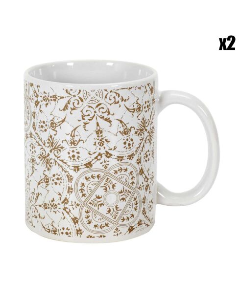 2 Mugs motif faïence blanc/taupe - 12.5x9.2x8 cm