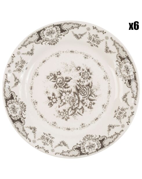 6 Assiettes plates Clothilde grises - D.26 cm