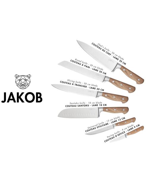 6 Jakob Küchenmesser aus Edelstahl aus Holz