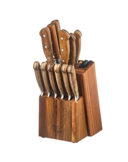 Bloc avec couteaux de cuisine et couteaux à steak Jakob Loviisa bois mat - 14 pièces