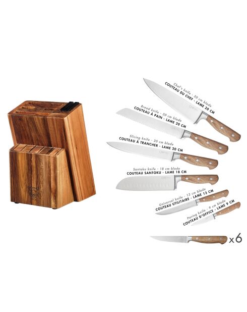 Bloc avec couteaux de cuisine et couteaux à steak Jakob Loviisa bois mat - 14 pièces