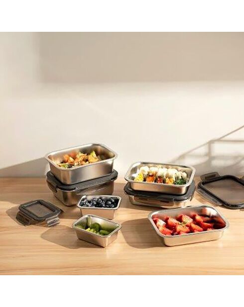 7 Boîtes de conservation rectangulaires inox argentées