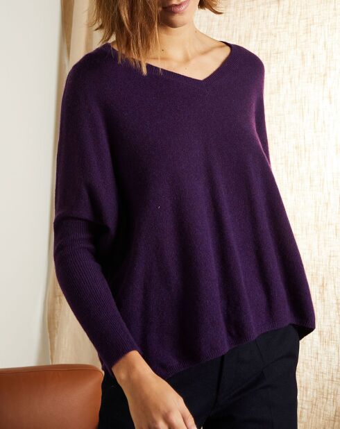 Pull poncho 100% Cachemire Axelle Col V aubergine