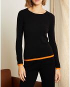 Pull 100% Cachemire col rond bicolore noir/orange