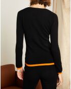 Pull 100% Cachemire col rond bicolore noir/orange