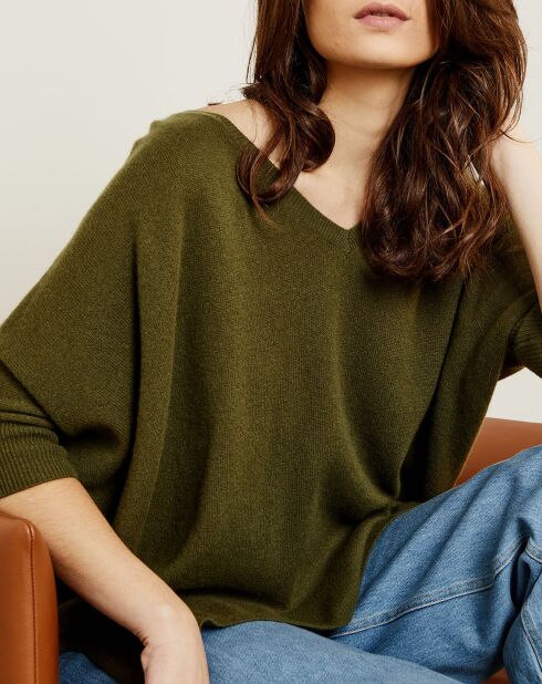 Pull poncho 100% Cachemire Marilyn Col V kaki