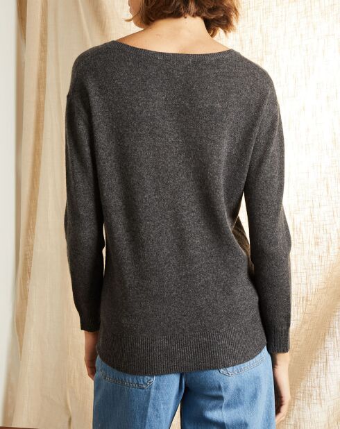 Pull 100% Cachemire col V profond gris chiné foncé