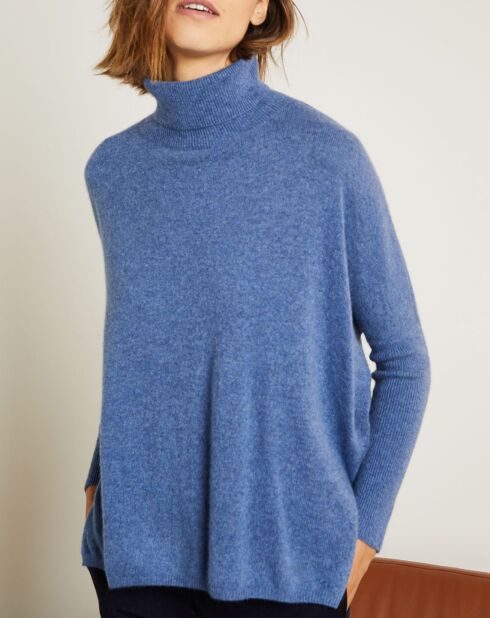 Pull poncho 100% Cachemire Olivia Col roulé bleu chiné