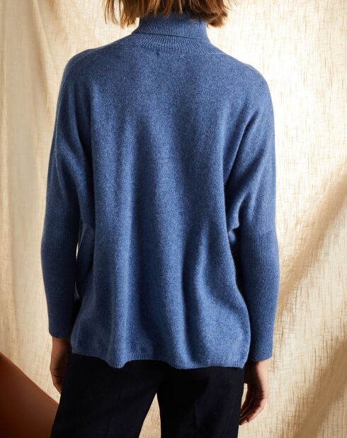 Pull poncho 100% Cachemire Olivia Col roulé bleu chiné