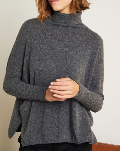 Pull poncho 100% Cachemire Olivia Col roulé gris chiné foncé