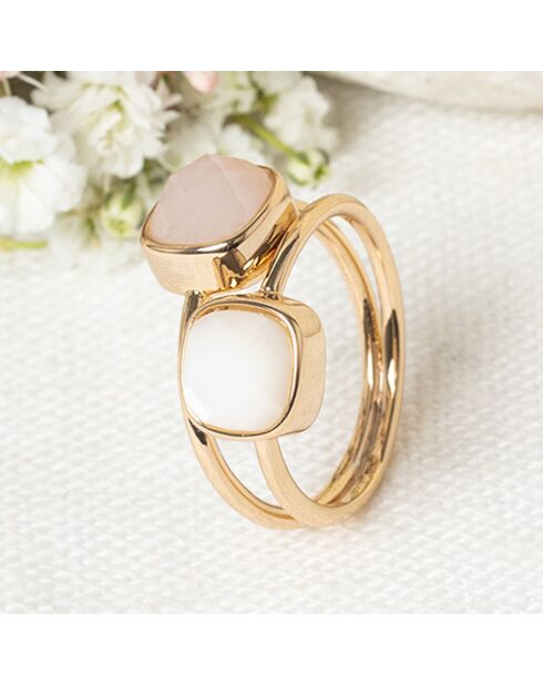 Bague Naelia Quartz rose & Nacre blanche en laiton doré