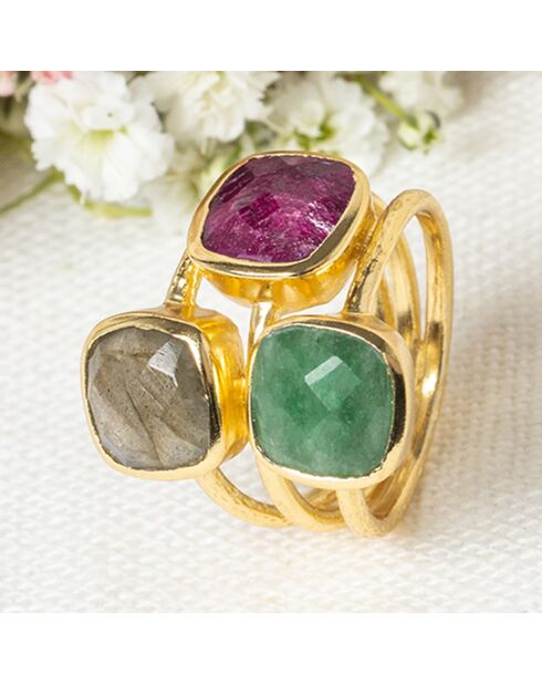 Bague Elsa Aventurine, Labradorite & Rubis en laiton doré