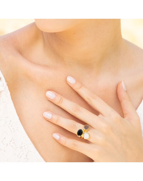 Bague Mariel Onyx & Labradorite en laiton doré
