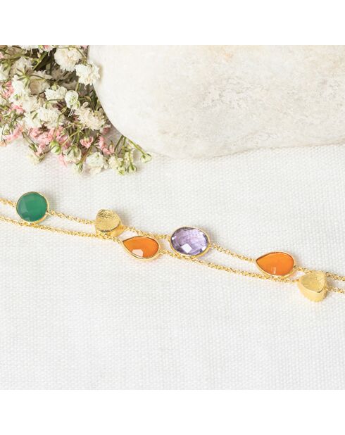 Bracelet Théa Onyx verte, Cornaline & Améthyste en laiton doré