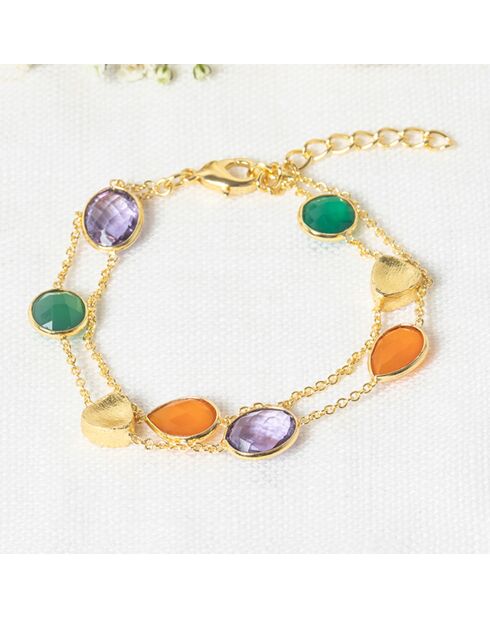 Bracelet Théa Onyx verte, Cornaline & Améthyste en laiton doré