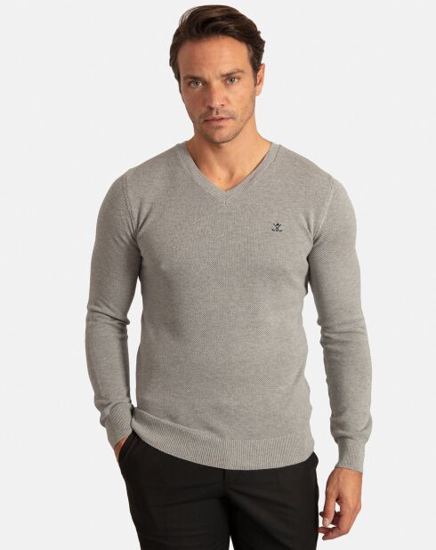 Kevin grauer melierter Pullover mit V-Ausschnitt
