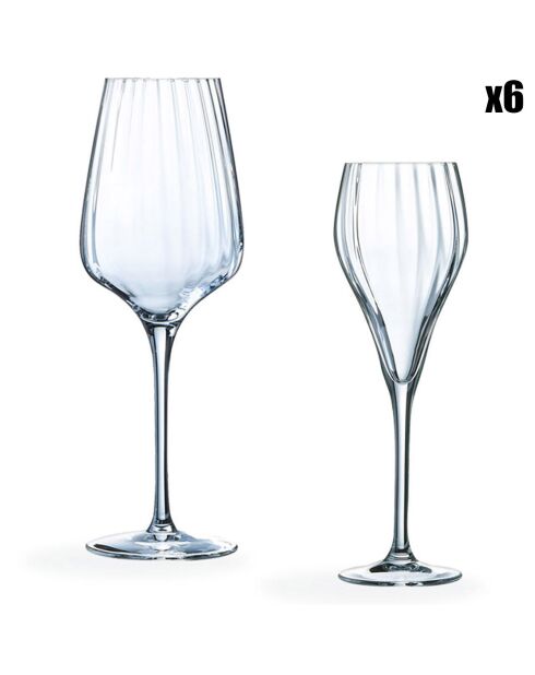 Set de 6 copas de champán y 6 vasos transparentes con tallo simétrico