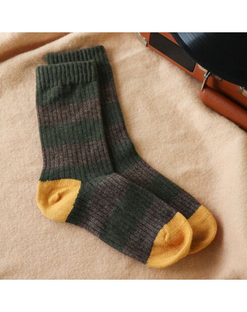 Chaussettes en Laine Mérinos Collection à rayures vert kaki