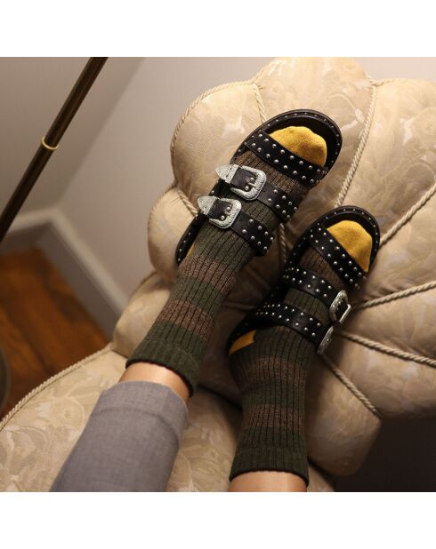 Chaussettes en Laine Mérinos Collection à rayures vert kaki