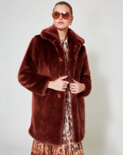 Manteau mi-long en Fausse Fourrure Bijou chocolat