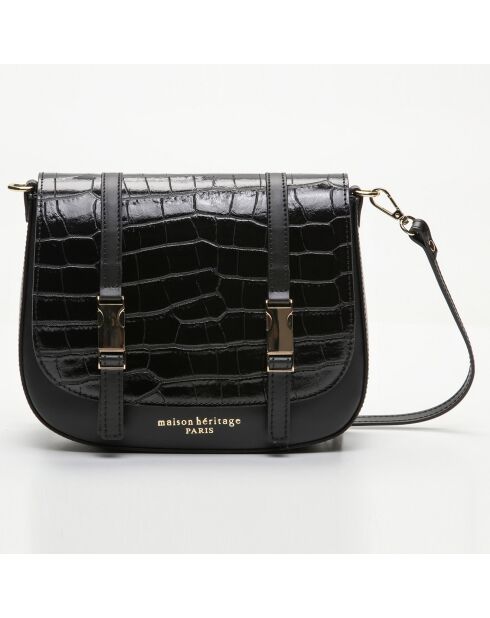 Besace en Cuir Tex Croco noire - 25x9x19 cm