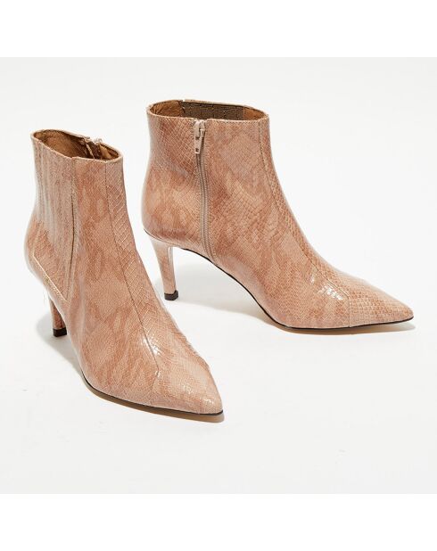 Bottines en Cuir python Suzanne rose/marron - Talon 7 cm