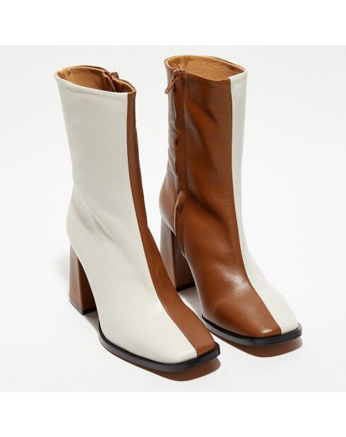 Bottines en Cuir Nicole bicolore beige/camel - Talon 8,5 cm