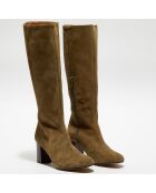 Bottes en Velours de Cuir Lara kaki - Talon 8 cm