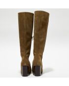 Bottes en Velours de Cuir Lara kaki - Talon 8 cm