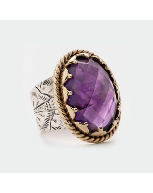 Bague en Argent, Laiton & Améthyste violette