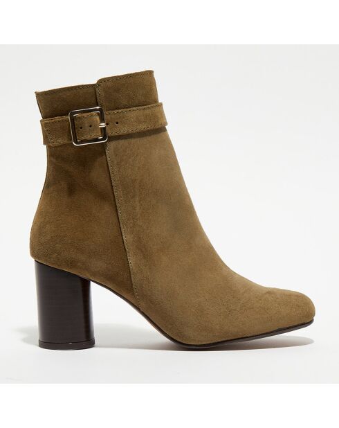 Bottines en Velours de Cuir Pia kaki - Talon 7,5 cm