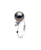 Bague Or Blanc, Diamants 0.04 ct &  Perle de Tahiti Ronde noire