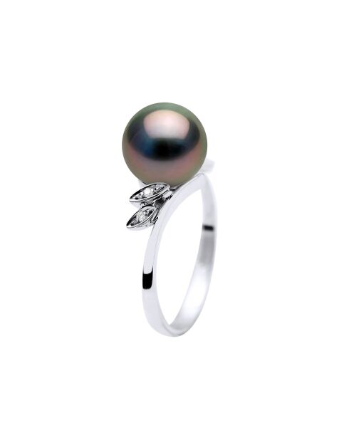 Bague Or Blanc, Diamants 0.04 ct &  Perle de Tahiti Ronde noire