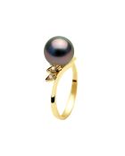 Bague Or Jaune, Diamants 0.04 ct &  Perle de Tahiti Ronde noire
