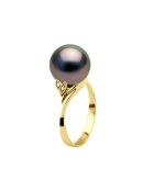 Bague Or Jaune, Diamants 0.04 ct &  Perle de Tahiti Ronde noire