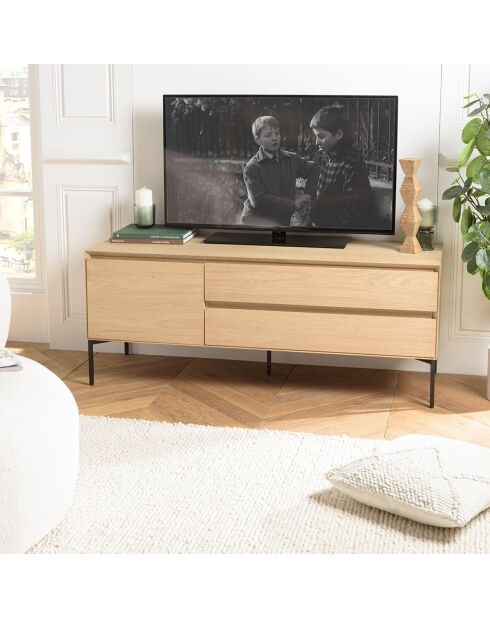 Meuble TV 1 porte 2 tiroirs Maxendre naturel/noir - 130x45x52 cm