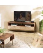 Meuble TV en bois de manguier 2 niches 2 tiroirs Alix marron - 146x46x46 cm