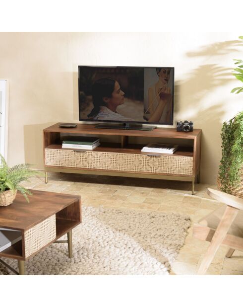 Meuble TV en bois de manguier 2 niches 2 tiroirs Alix marron - 146x46x46 cm