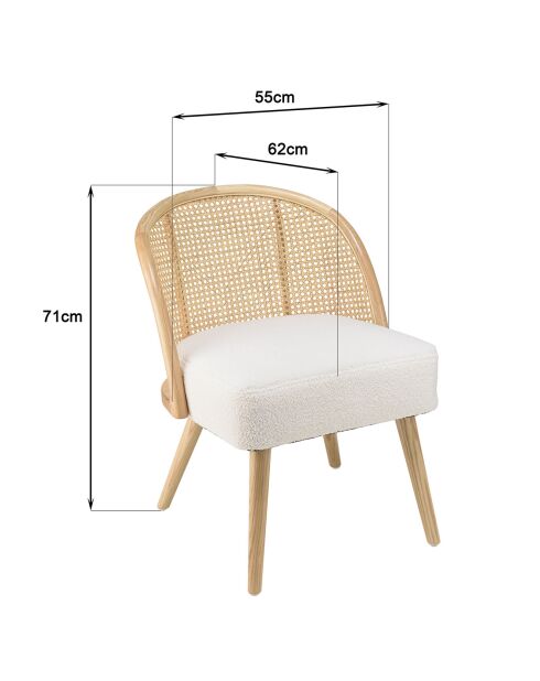 Silla baja de madera Hevea con tela rizada Albane blanca - 55x62x71 cm