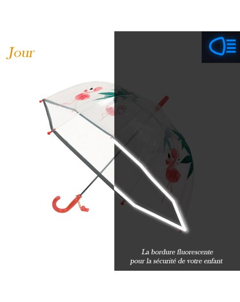 Parapluie cloche transparent pour enfant à bordure réfléchissante Flamingo transparent