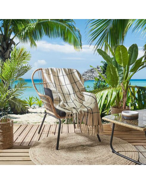 Plaid jeté de lit à carreaux beige/noir - 125x150 cm